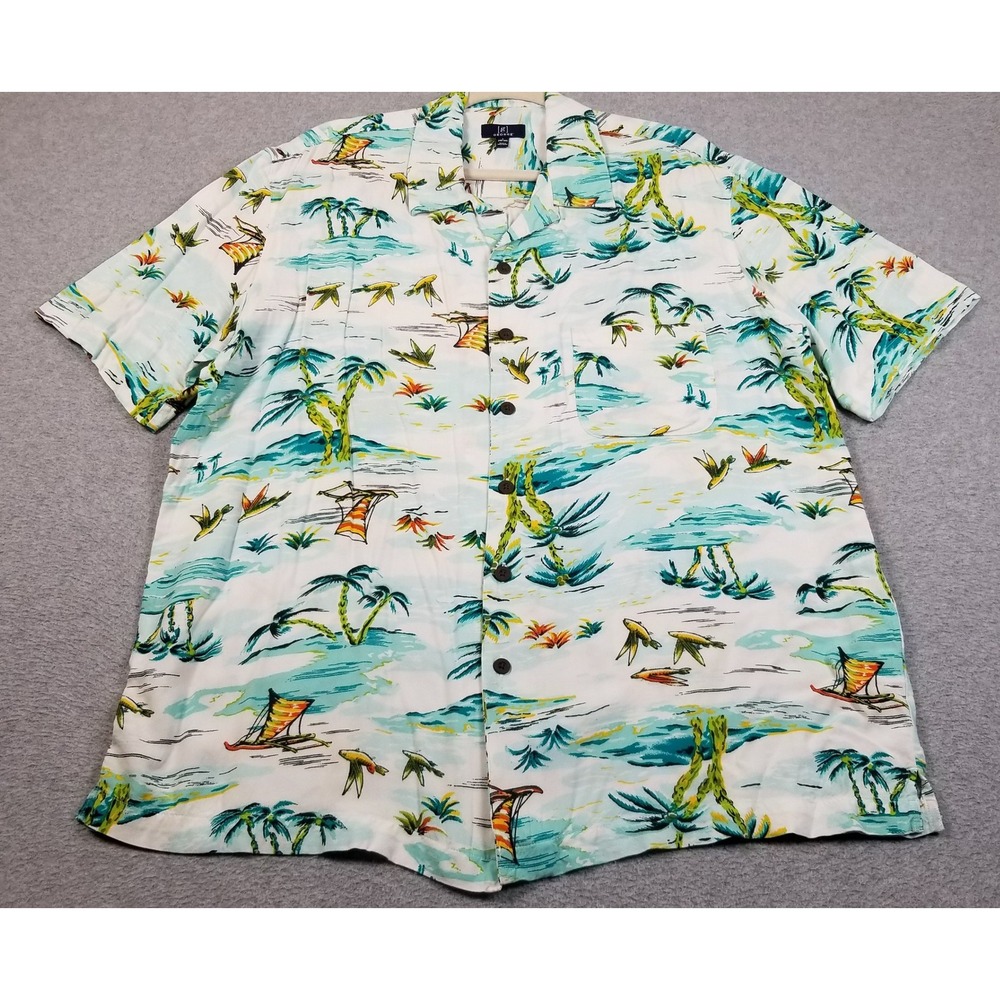 George Button Up Shirt Mens L Large Palm Trees Tropical Hawaiian Camp Aloha